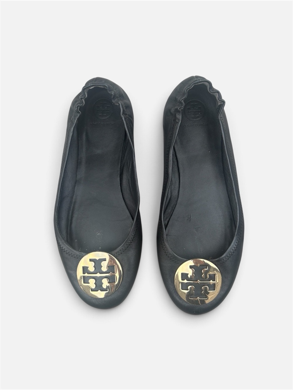 Tory Burch Black Leather Flats with Gold Logo Medallion